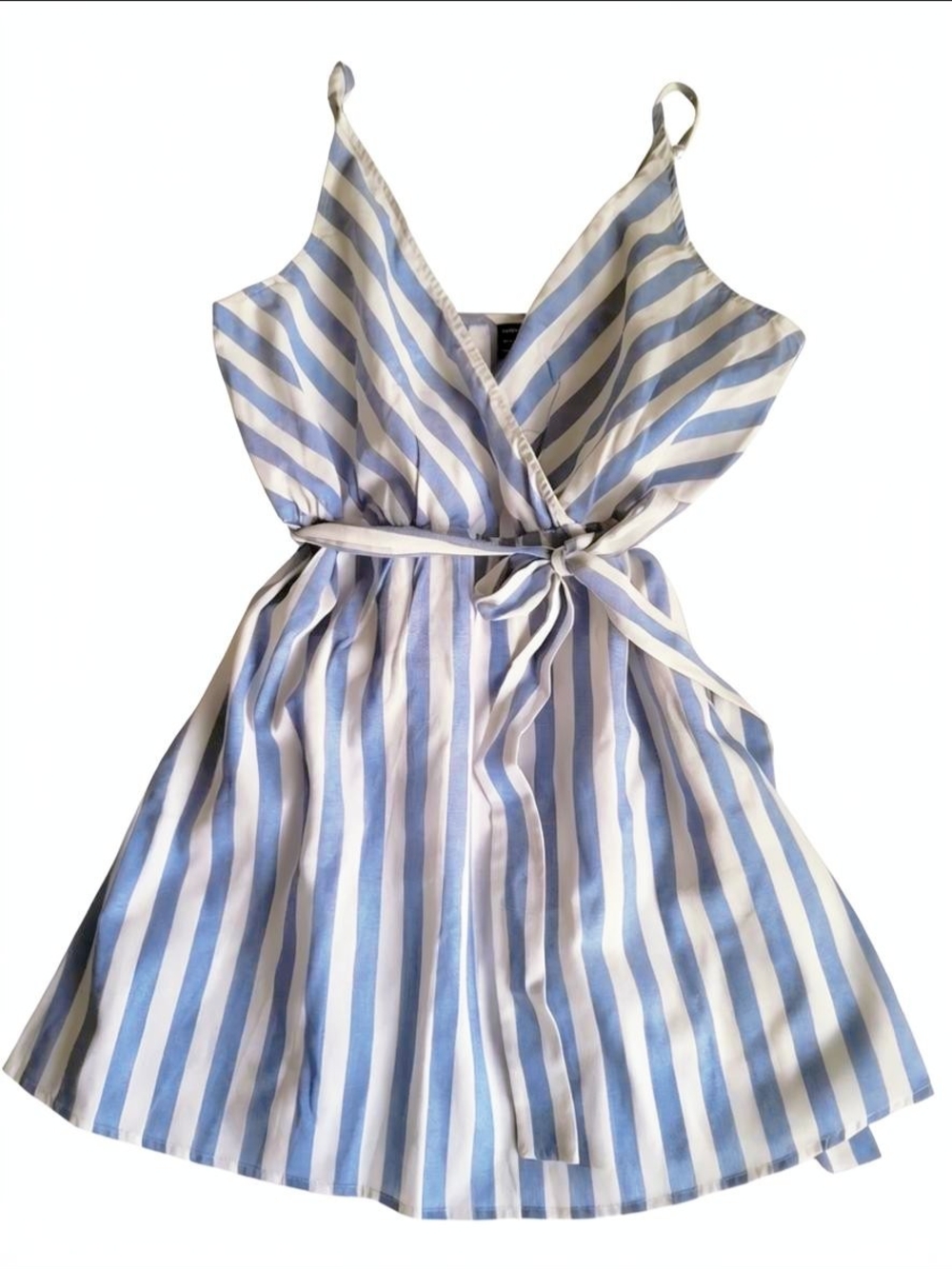 SHEIN Blue and White Striped Sleeveless Wrap Dress with Waist Tie